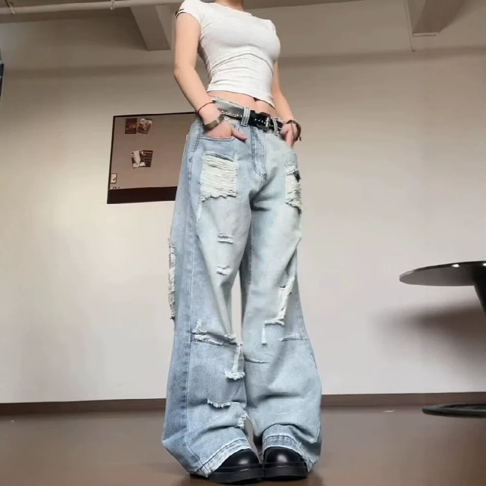 Retro Loose High-Street Distressed Denim Pants Women
