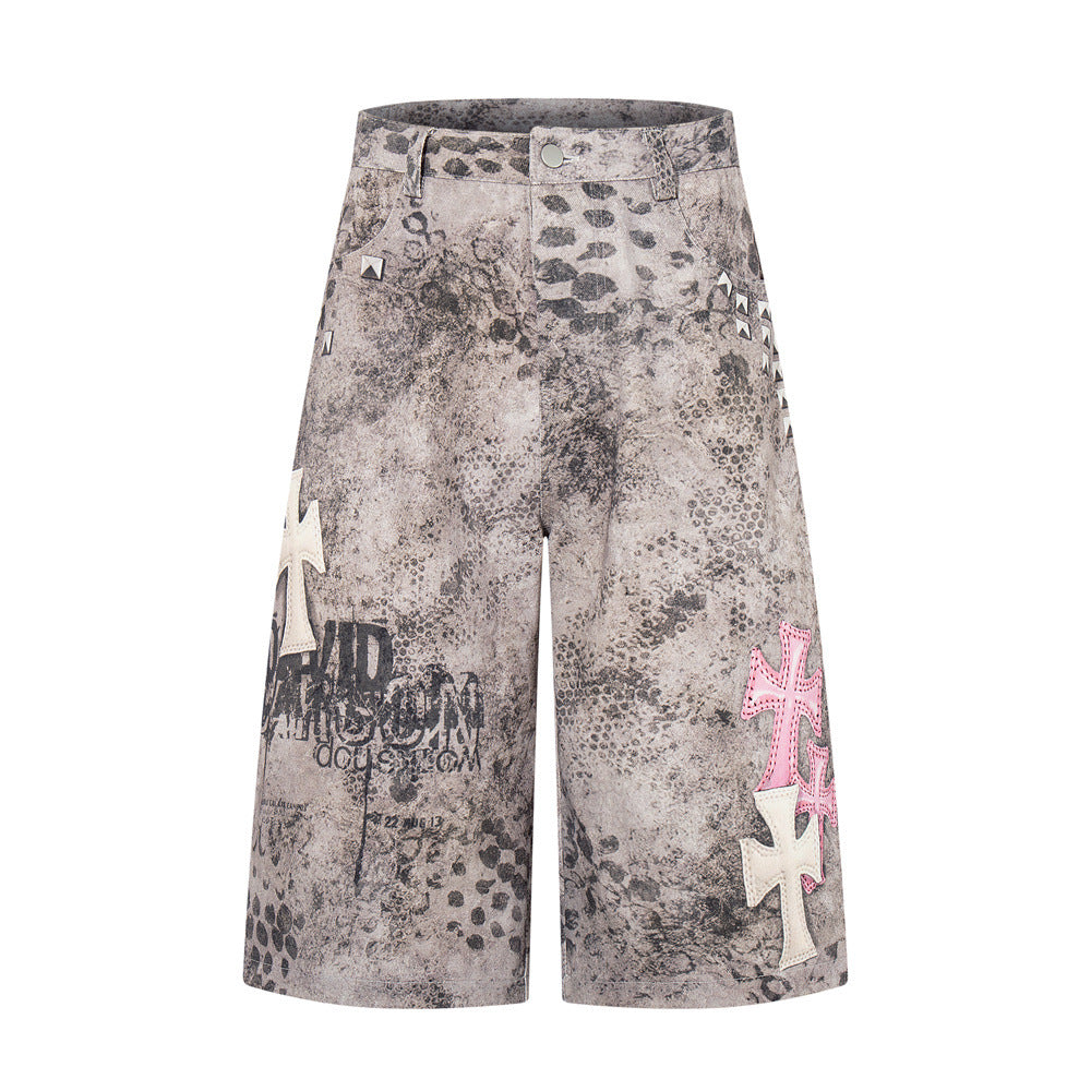 Leopard print cross digital print denim shorts