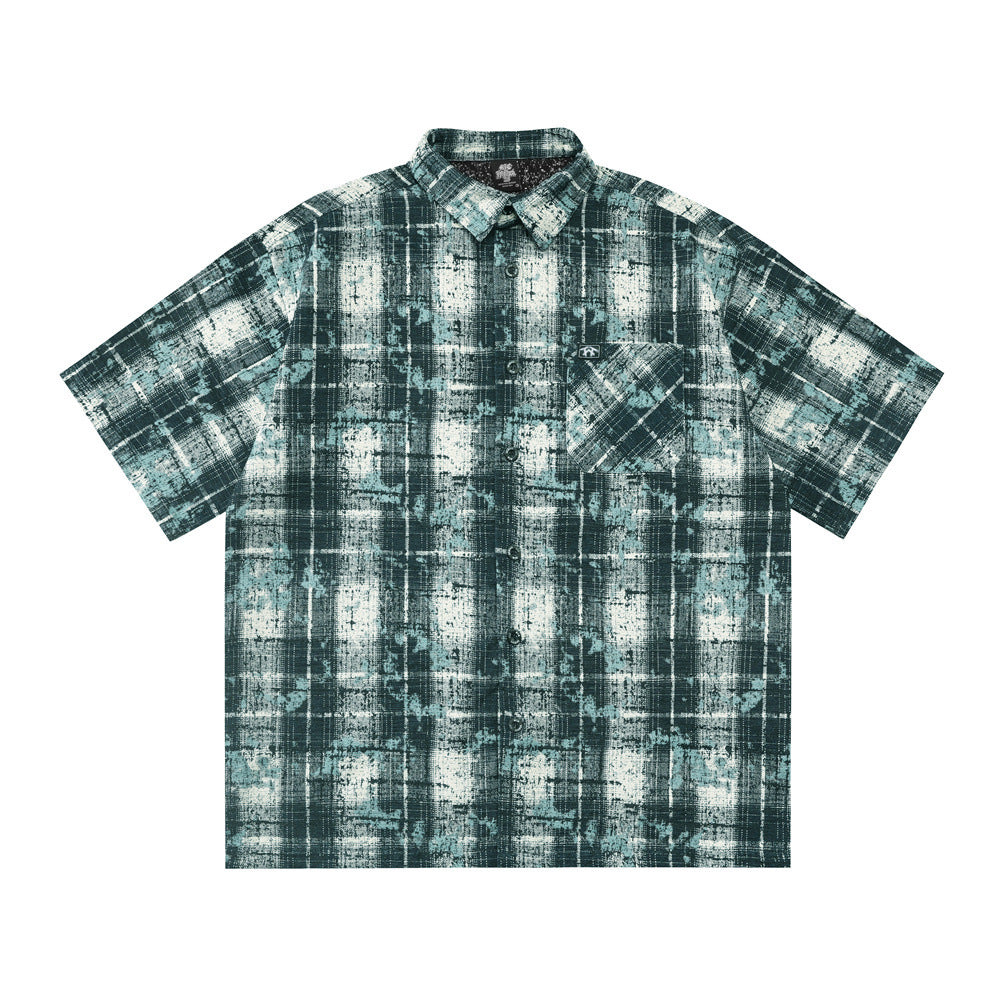 Tie dye distressed plaid short sleeved shirt