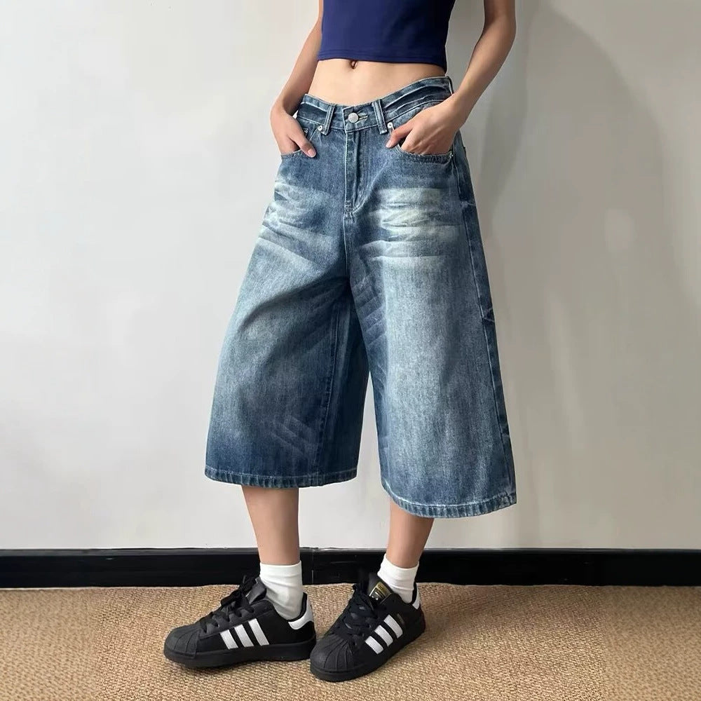 Short Washed Catwhisker Wide-Leg Seven-Eighth Denim Pants