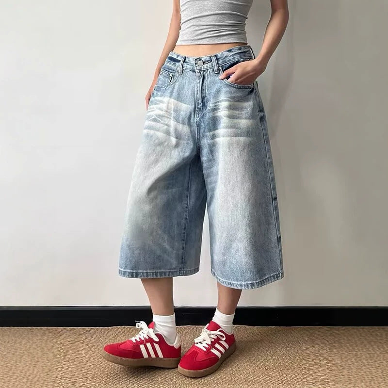 Short Washed Catwhisker Wide-Leg Seven-Eighth Denim Pants