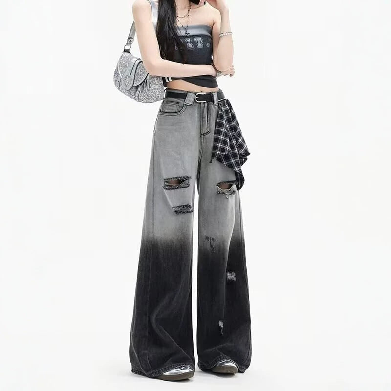 Black and Gray Gradient Ripped Denim Pants