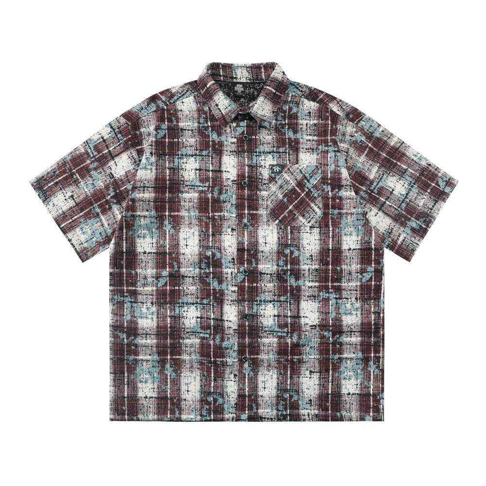 Tie dye distressed plaid short sleeved shirt