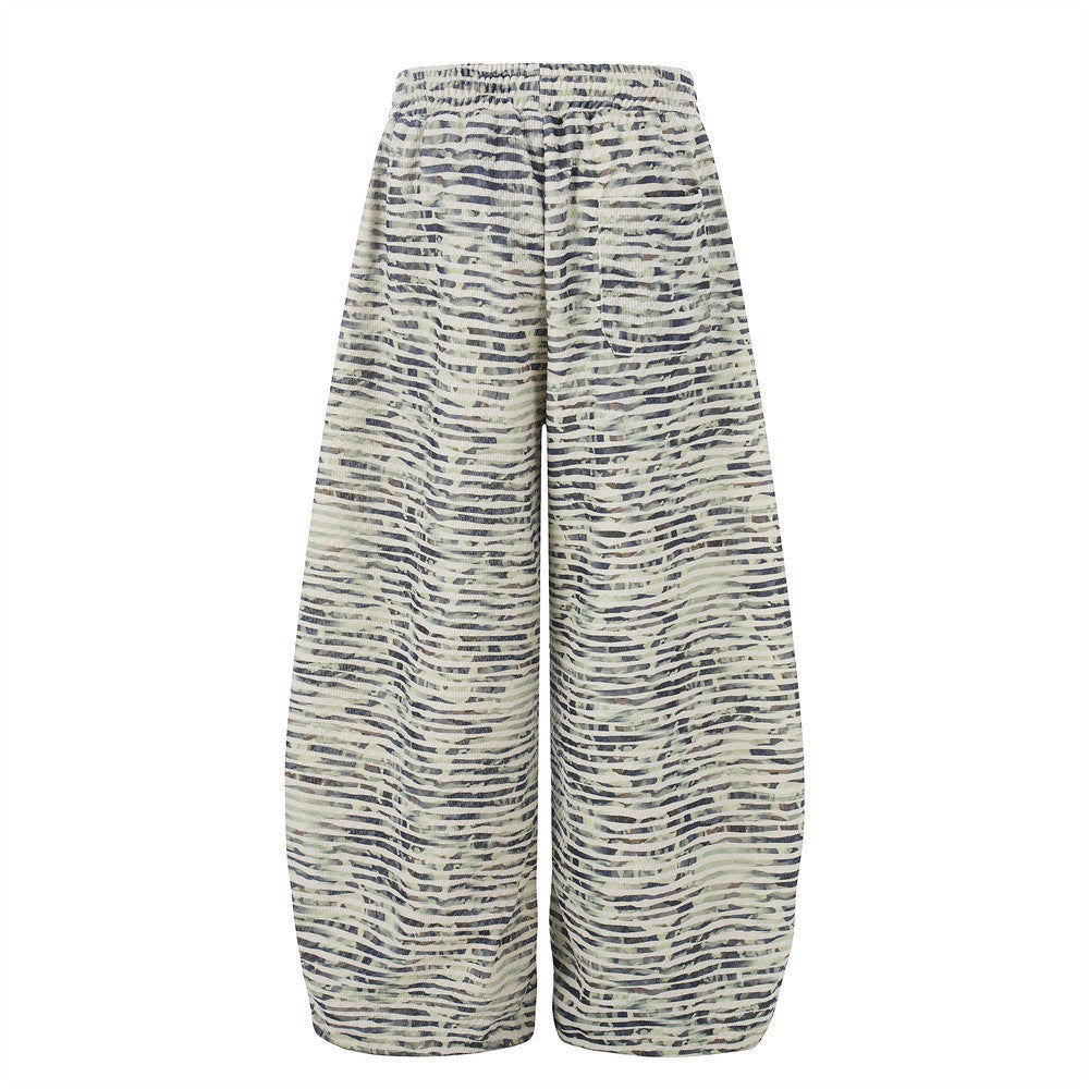 Digital printed striped wide leg curved knife pants