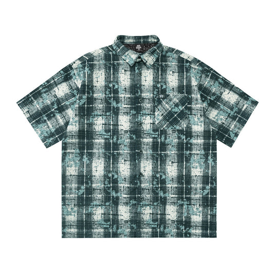 Tie dye distressed plaid short sleeved shirt