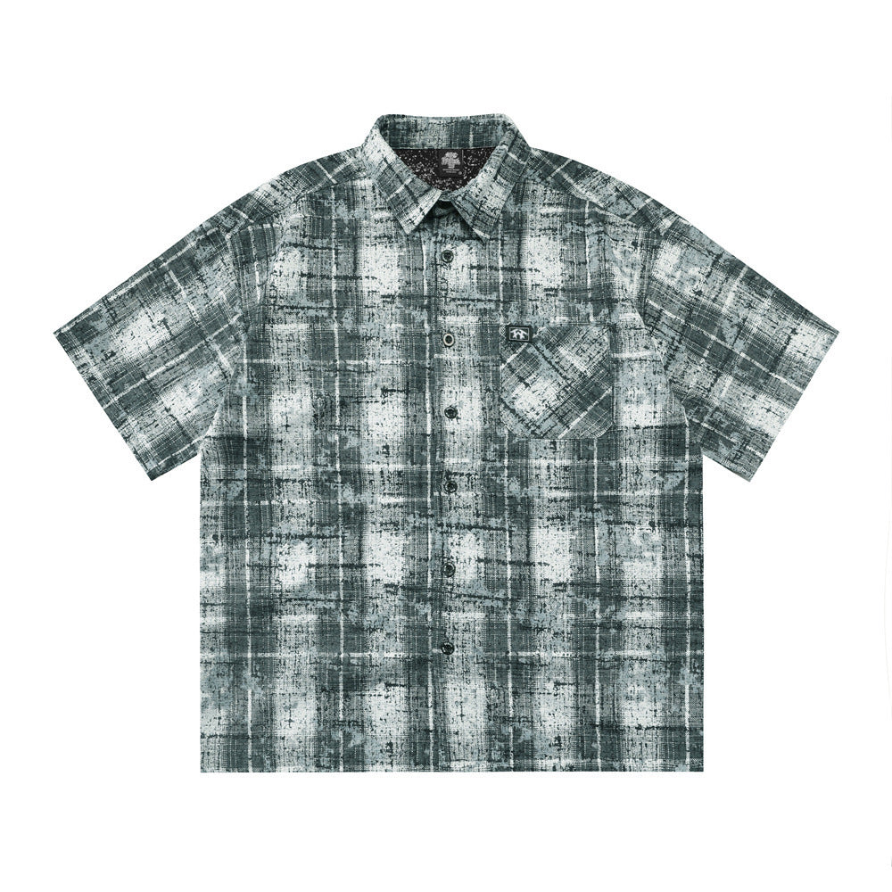 Tie dye distressed plaid short sleeved shirt