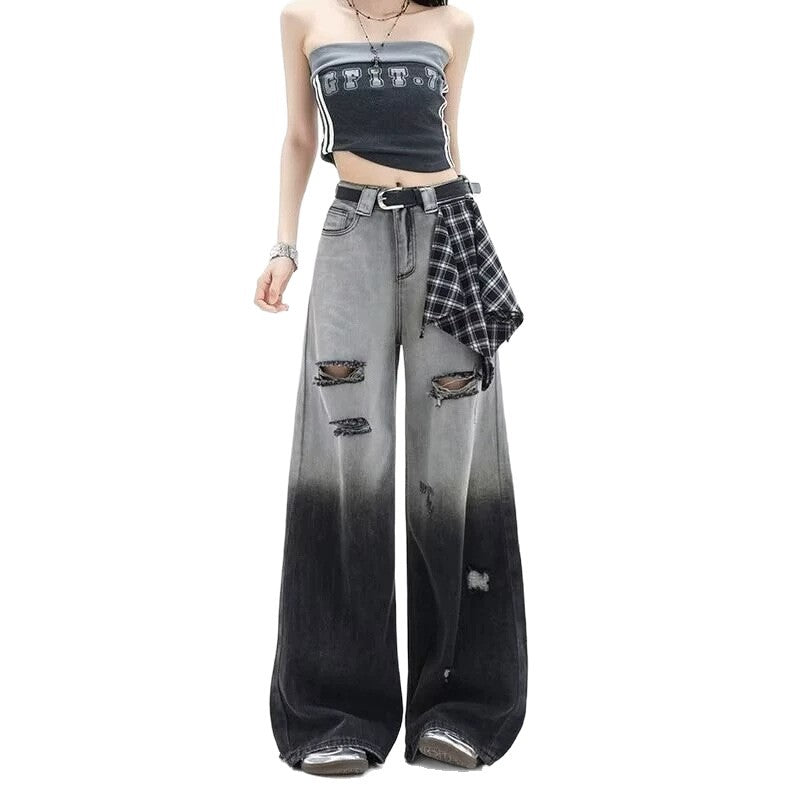 Black and Gray Gradient Ripped Denim Pants