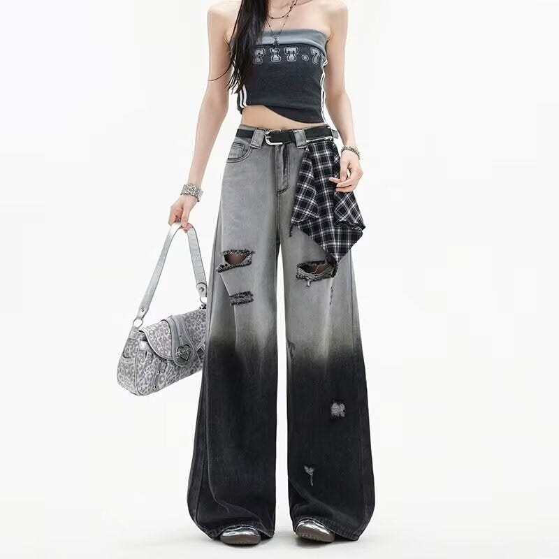 Black and Gray Gradient Ripped Denim Pants