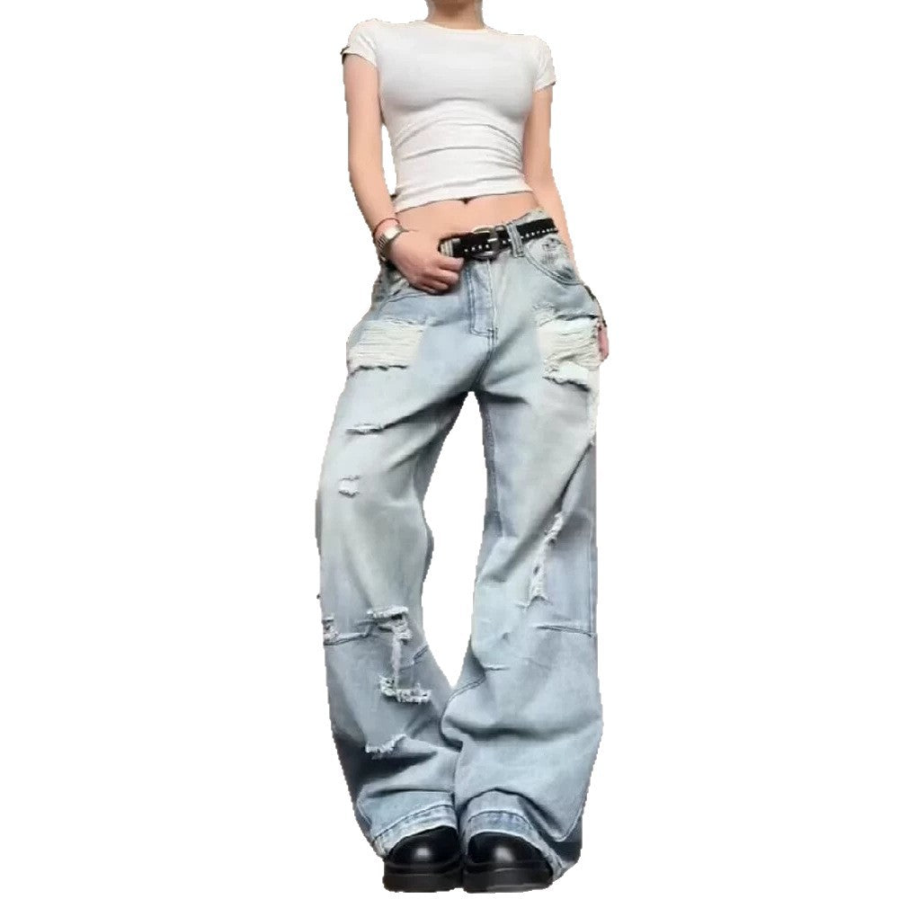 Retro Loose High-Street Distressed Denim Pants Women