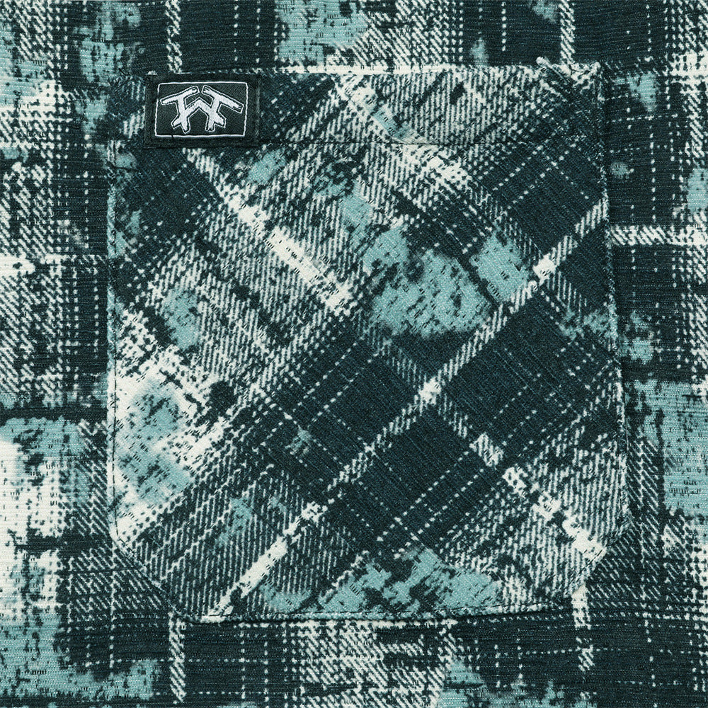 Tie dye distressed plaid short sleeved shirt