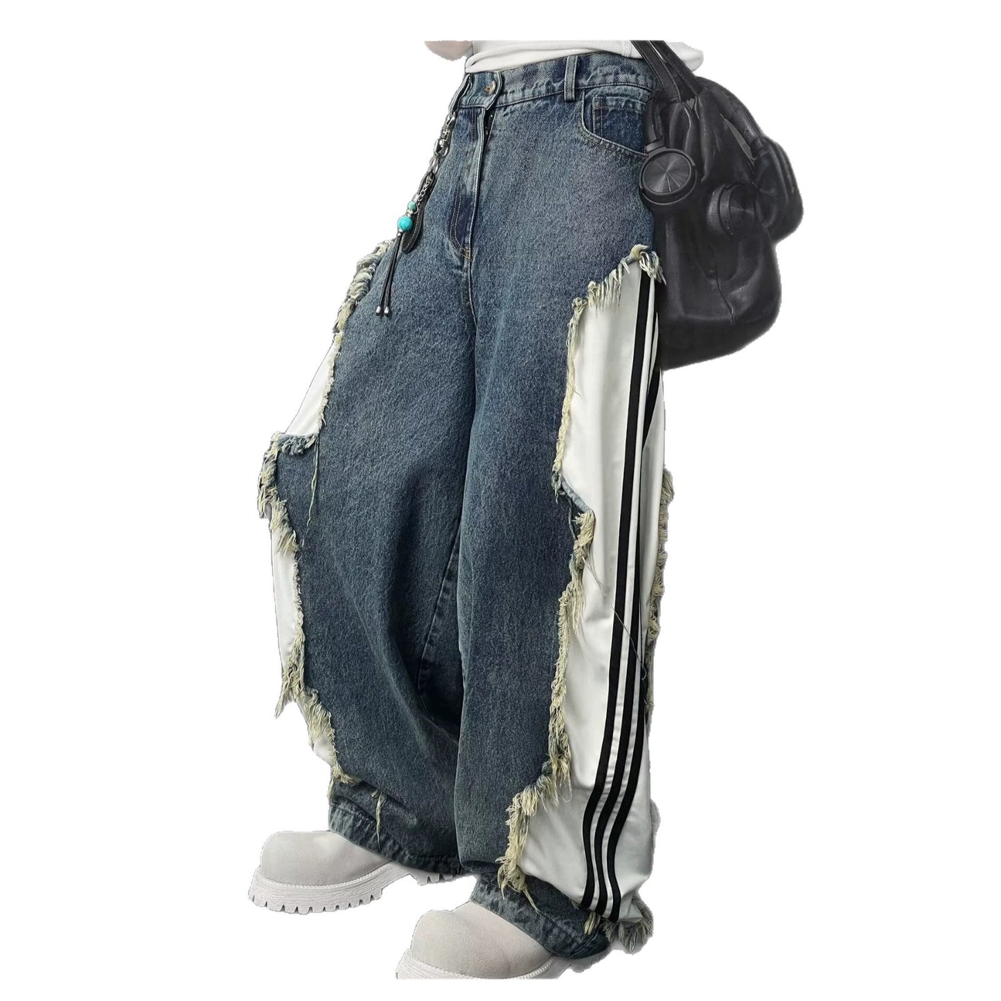 Deconstructed Raw Edge Stripe Patchwork Cargo Jeans