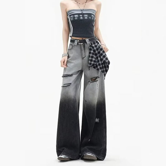 Black and Gray Gradient Ripped Denim Pants