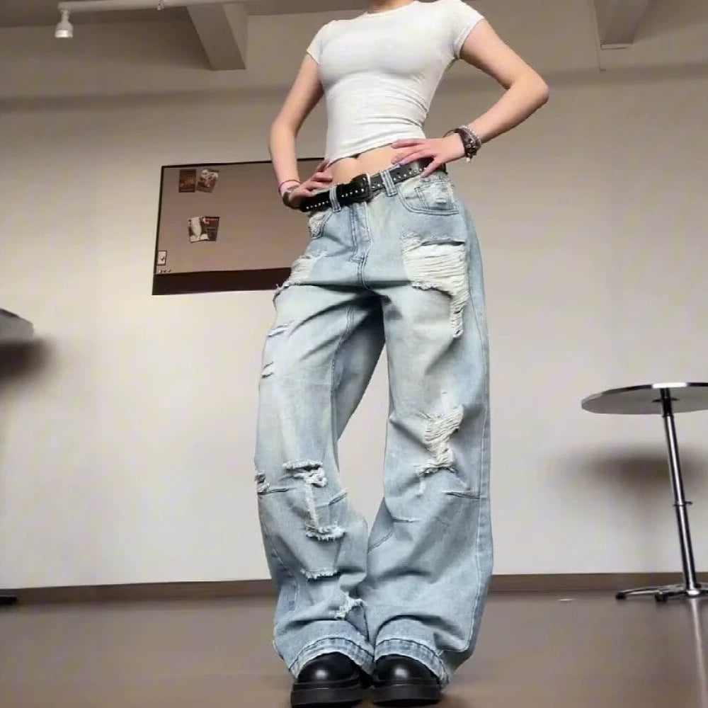 Retro Loose High-Street Distressed Denim Pants Women