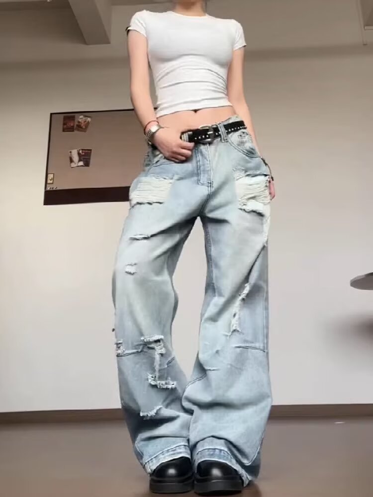 Retro Loose High-Street Distressed Denim Pants Women