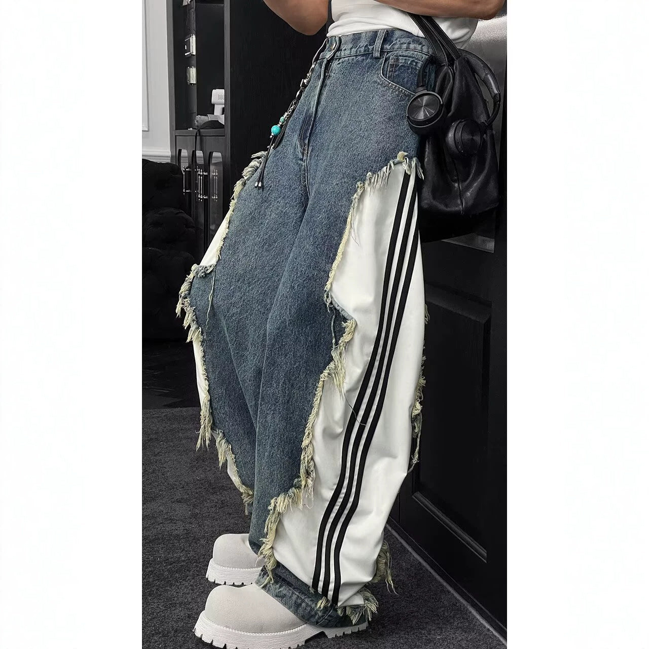 Deconstructed Raw Edge Stripe Patchwork Cargo Jeans