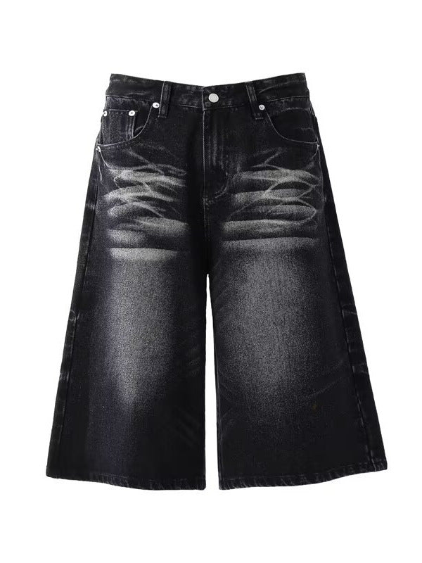Short Washed Catwhisker Wide-Leg Seven-Eighth Denim Pants
