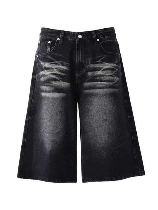 Short Washed Catwhisker Wide-Leg Seven-Eighth Denim Pants