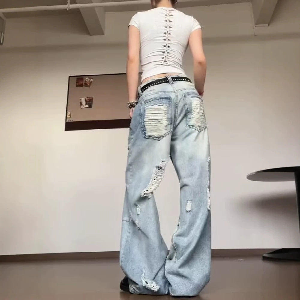 Retro Loose High-Street Distressed Denim Pants Women
