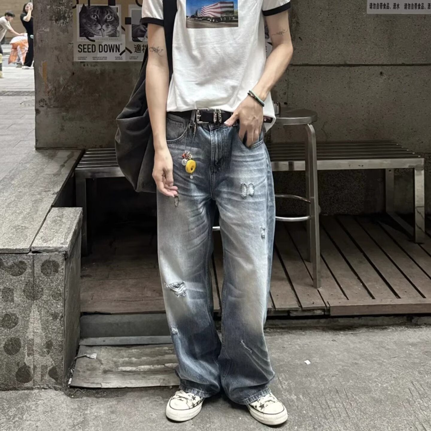 Vintage Ripped Wide Leg Jeans for Women High Waist Loose Straight Leg Denim Pants