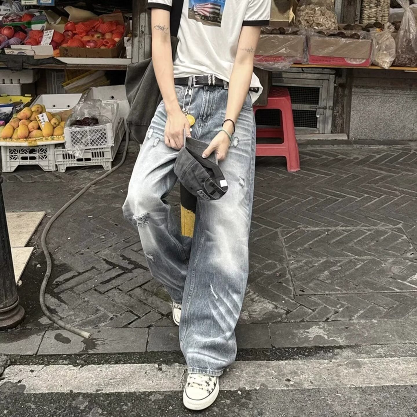 Vintage Ripped Wide Leg Jeans for Women High Waist Loose Straight Leg Denim Pants
