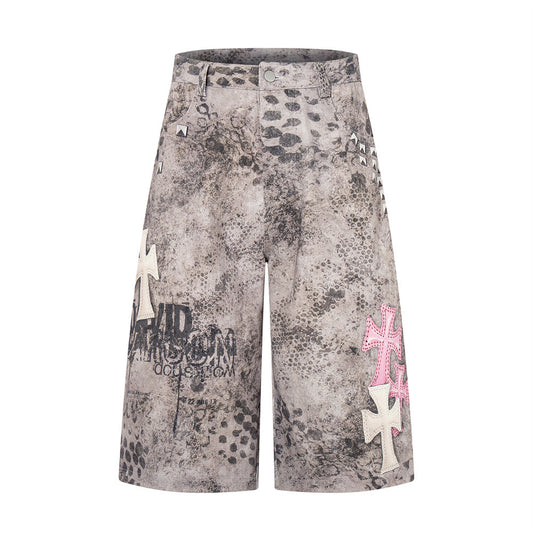 Leopard print cross digital print denim shorts