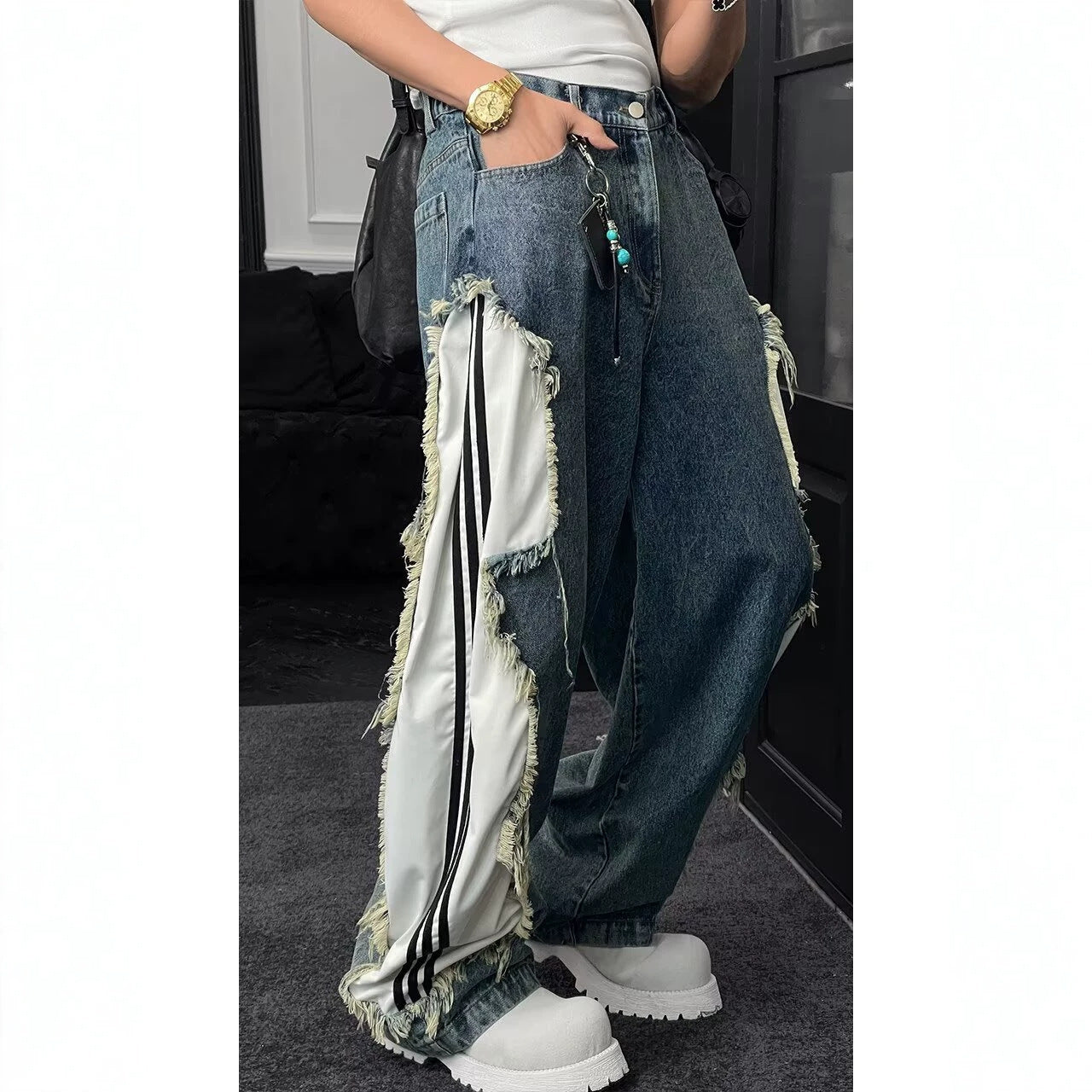 Deconstructed Raw Edge Stripe Patchwork Cargo Jeans
