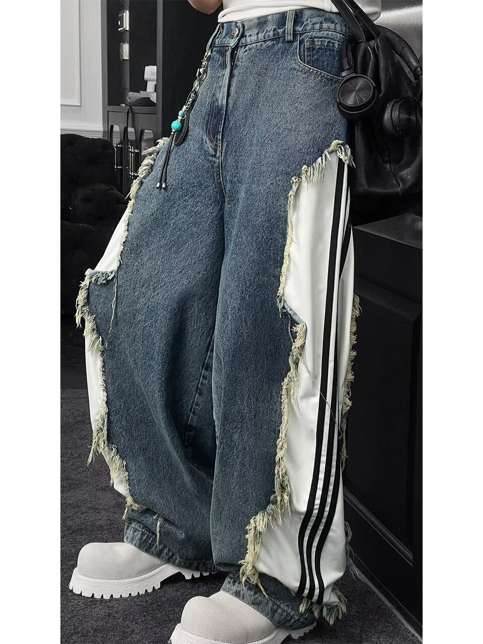 Deconstructed Raw Edge Stripe Patchwork Cargo Jeans