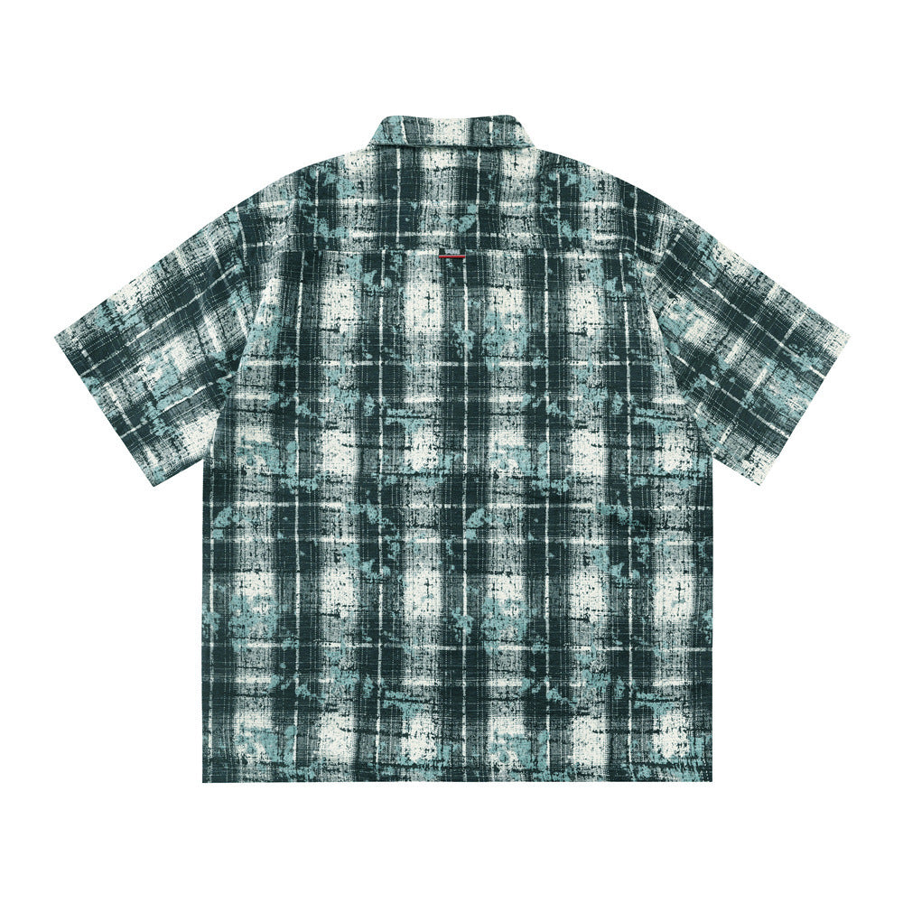 Tie dye distressed plaid short sleeved shirt