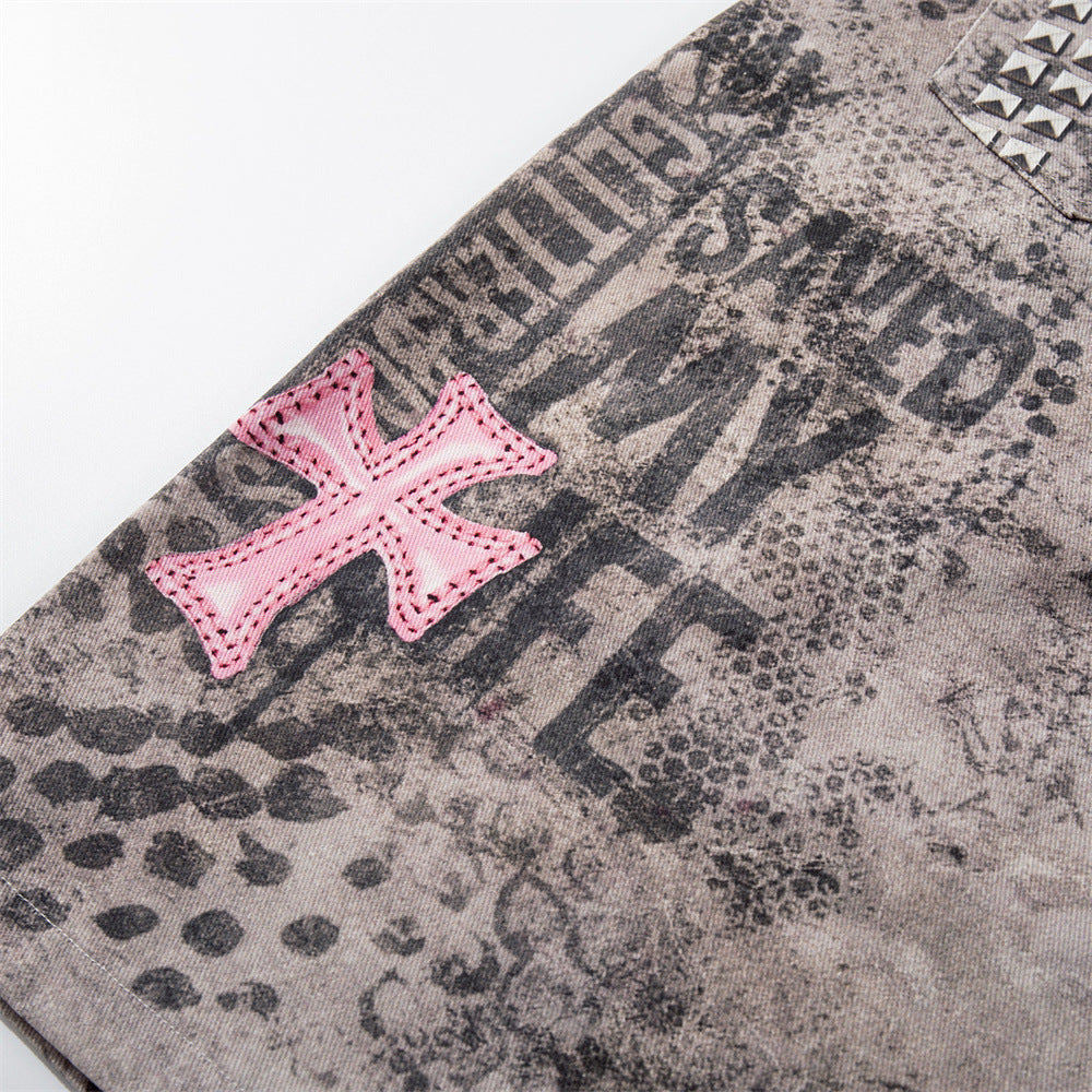 Leopard print cross digital print denim shorts