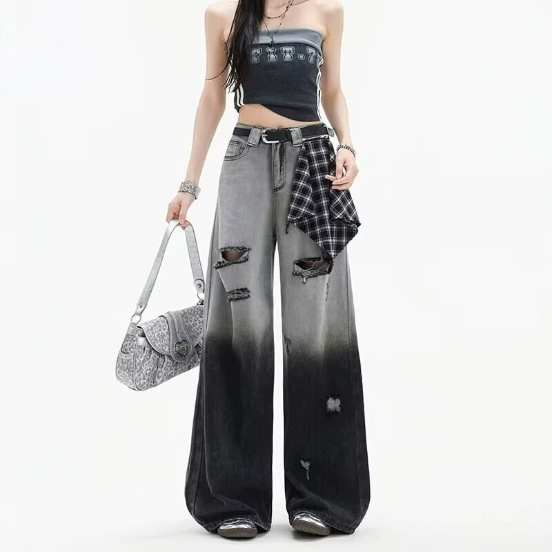 Black and Gray Gradient Ripped Denim Pants
