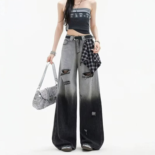 Black and Gray Gradient Ripped Denim Pants