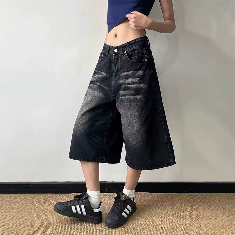 Short Washed Catwhisker Wide-Leg Seven-Eighth Denim Pants