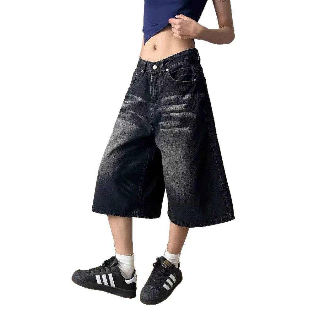 Short Washed Catwhisker Wide-Leg Seven-Eighth Denim Pants