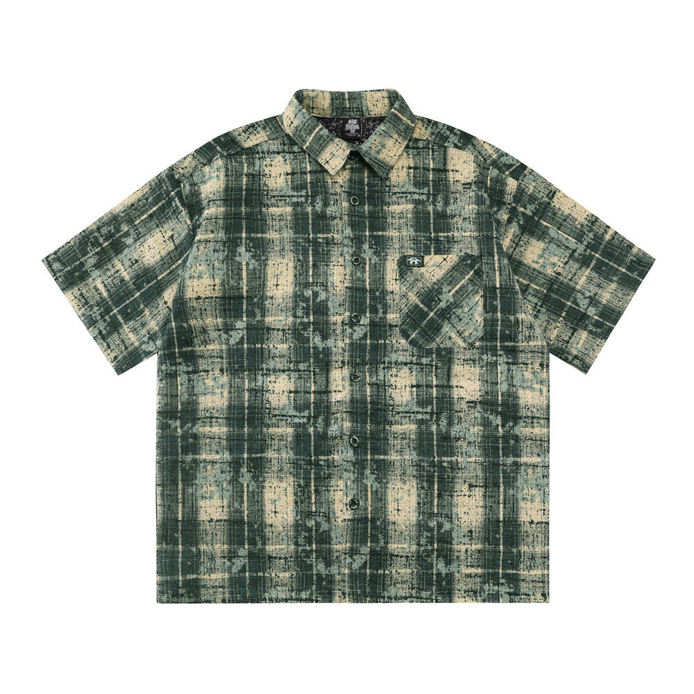 Tie dye distressed plaid short sleeved shirt