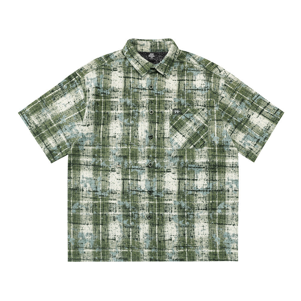 Tie dye distressed plaid short sleeved shirt