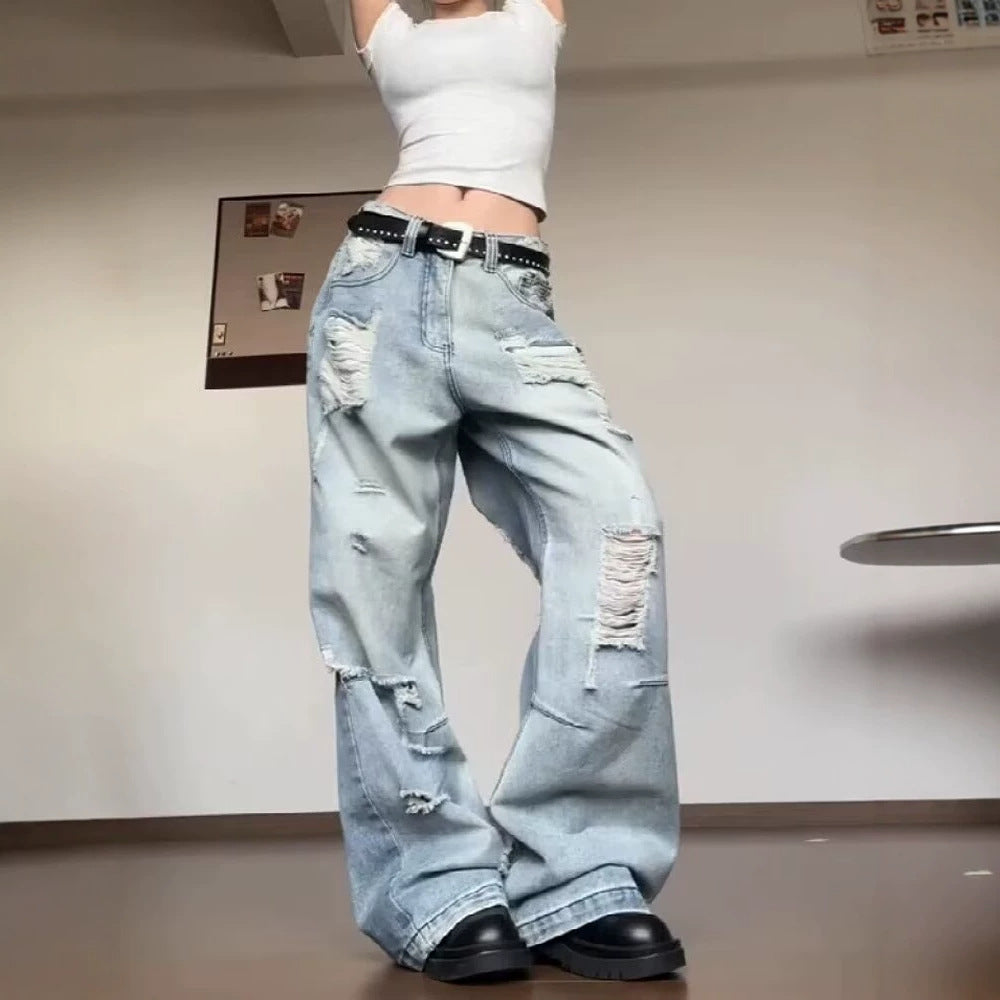 Retro Loose High-Street Distressed Denim Pants Women