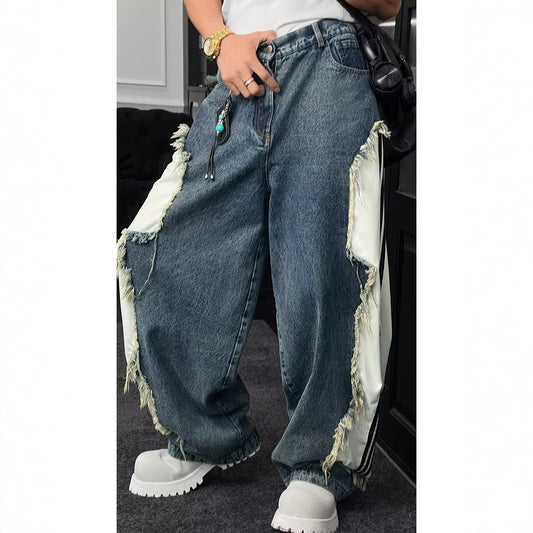 Deconstructed Raw Edge Stripe Patchwork Cargo Jeans