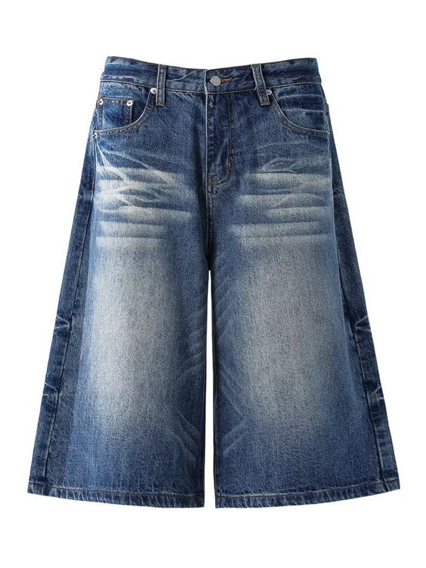 Short Washed Catwhisker Wide-Leg Seven-Eighth Denim Pants