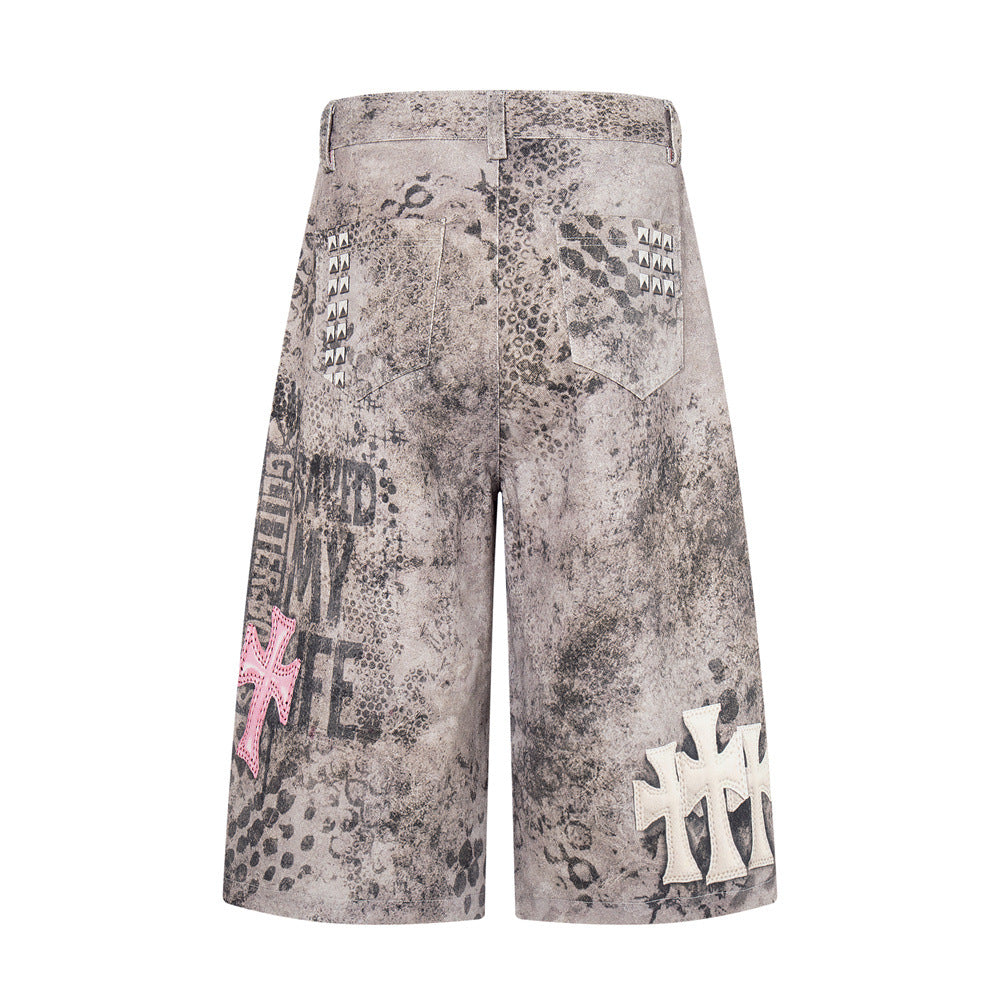 Leopard print cross digital print denim shorts