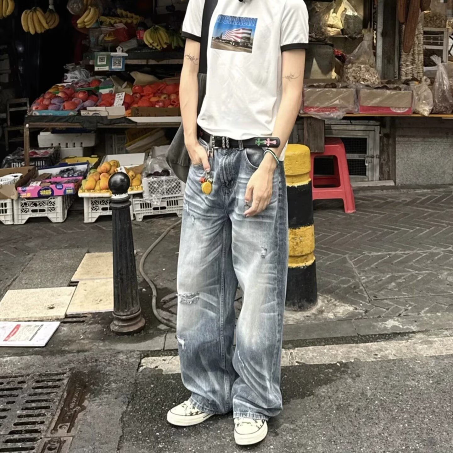 Vintage Ripped Wide Leg Jeans for Women High Waist Loose Straight Leg Denim Pants
