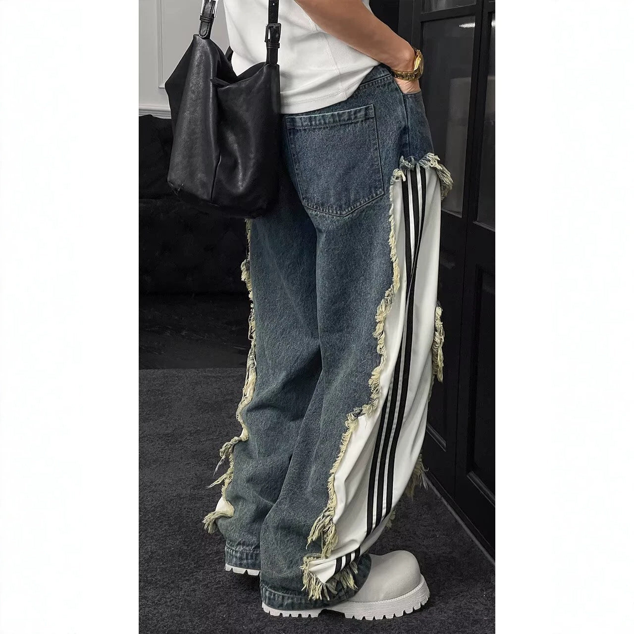 Deconstructed Raw Edge Stripe Patchwork Cargo Jeans