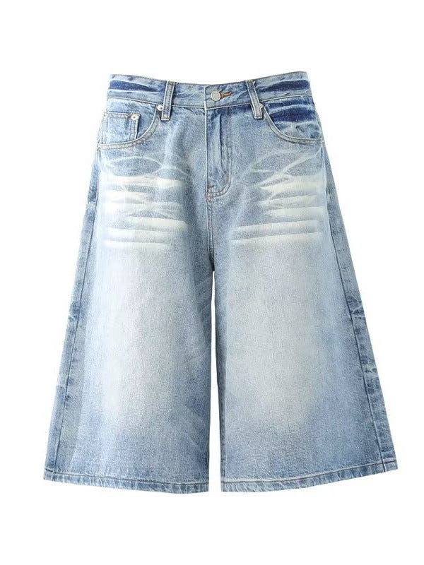 Short Washed Catwhisker Wide-Leg Seven-Eighth Denim Pants